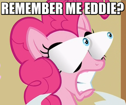 Size: 829x693 | Tagged: safe, screencap, pinkie pie, earth pony, pony, a flurry of emotions, g4, christopher lloyd, eye bulging, female, grammar error, image macro, judge doom, meme, pinkie being pinkie, pinkie physics, solo, who framed roger rabbit, wild take