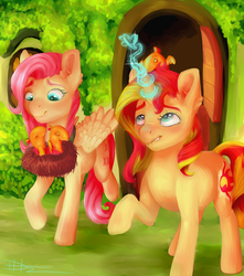 Size: 1637x1852 | Tagged: safe, artist:loladotz, fluttershy, sunset shimmer, pegasus, phoenix, pony, unicorn, g4, bird nest, chick, duo, heart, lip bite, looking at something, looking up, magic, nest, raised hoof, sitting on head