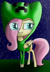 Size: 1105x1571 | Tagged: safe, artist:stormer, fluttershy, oc, pegasus, pony, g4, chibi, clothes, creeper, creepershy, fangs, female, hoodie, mare, night, outdoors, solo, standing