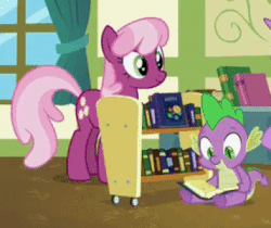 Size: 428x359 | Tagged: safe, screencap, cheerilee, spike, dragon, pony, a flurry of emotions, g4, animated, book, cropped, gif, i hope we hear a story from cheerilee, mouth hold, school