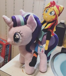 Size: 1242x1434 | Tagged: safe, artist:lucaspratt, starlight glimmer, sunset shimmer, equestria girls, g4, my little pony equestria girls: friendship games, counterparts, humans riding ponies, irl, photo, plushie, riding, sunset shimmer riding starlight glimmer, twilight's counterparts