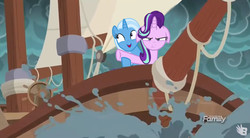 Size: 845x467 | Tagged: safe, edit, edited screencap, screencap, starlight glimmer, trixie, pony, unicorn, all bottled up, g4, ppov, female, floppy ears, mare, starlight glimmer is not amused, titanic, trixie's puppeteering, unamused