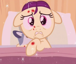 Size: 747x631 | Tagged: safe, screencap, boysenberry, pony, a flurry of emotions, g4, cute, female, filly, floppy ears, horsey hives, plushie, scared, solo