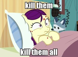 Size: 601x441 | Tagged: safe, edit, edited screencap, screencap, boysenberry, pony, a flurry of emotions, g4, cute, female, filly, horsey hives, image macro, meme, plushie, ponyville hospital, sick, solo