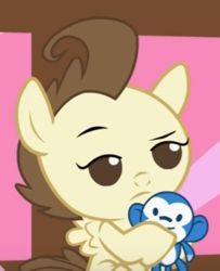 Size: 280x344 | Tagged: safe, screencap, pound cake, pony, a flurry of emotions, g4, foal, male, plushie, solo, toy, unamused