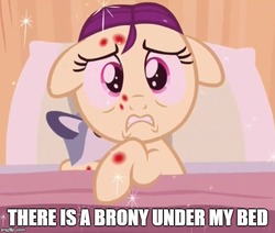 Size: 591x500 | Tagged: safe, boysenberry, pony, a flurry of emotions, g4, brony, floppy ears, horsey hives, image macro, meme, monster under the bed, solo