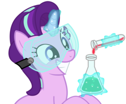 Size: 2556x2102 | Tagged: safe, artist:sonofaskywalker, starlight glimmer, pony, unicorn, celestial advice, g4, beaker, cute, female, flask, glimmerbetes, goggles, grin, happy, high res, levitation, liquid, magic, mare, potion, safety goggles, science, simple background, smiling, solo, squee, telekinesis, test tube, this will end in science, transparent background, vector