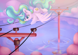 Size: 3508x2481 | Tagged: safe, artist:cutepencilcase, princess celestia, alicorn, fish, pony, g4, behaving like a bird, cloud, cute, cutelestia, female, high res, mare, missing accessory, power line, signature, smiling, solo, this will end in pain and/or death, this will end in power outage, water, wrong eye color