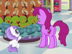 Size: 527x398 | Tagged: safe, screencap, berry punch, berryshine, titania, earth pony, pony, a flurry of emotions, g4, animated, berrybetes, cute, diabetes, female, gif, plushie, toy store