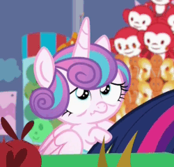 Size: 520x500 | Tagged: safe, screencap, princess flurry heart, twilight sparkle, alicorn, pony, a flurry of emotions, g4, animated, female, gif, loop, tail pull, twilight sparkle (alicorn)