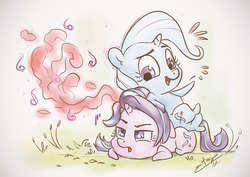 Size: 1080x764 | Tagged: safe, artist:assasinmonkey, starlight glimmer, trixie, pony, unicorn, all bottled up, g4, my little pony: friendship is magic, anger magic, chibi, cute, duo, magic, open mouth