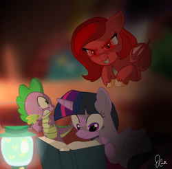 Size: 900x885 | Tagged: safe, artist:panda-jenn, twilight sparkle, oc, oc:spicy demon, alicorn, demon pony, pony, g4, lamp, reading, scared, spicy, twilight sparkle (alicorn)