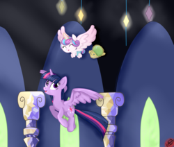 Size: 2600x2208 | Tagged: safe, artist:liniitadash23, princess flurry heart, twilight sparkle, alicorn, pony, a flurry of emotions, g4, auntie twilight, baby, baby pony, duo, eyes closed, flying, high res, show accurate, twilight sparkle (alicorn), twilight's castle