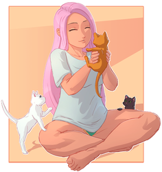 Size: 849x900 | Tagged: safe, artist:eve-ashgrove, artist:vest, fluttershy, cat, human, g4, barefoot, breasts, clothes, collaboration, cute, eyes closed, feet, female, green underwear, humanized, kitten, panties, shirt, shyabetes, sitting, solo, sweet dreams fuel, underwear