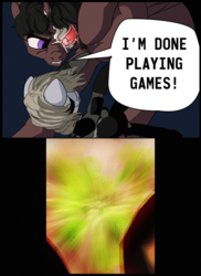Size: 2400x3300 | Tagged: safe, artist:aaronmk, oc, oc:littlepip, oc:red eye, comic:it has to be this way, fallout equestria, comic, crossover, explosion, high res, metal gear, metal gear rising, raiden, senator armstrong