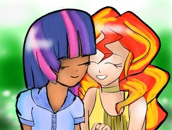 Size: 2048x1536 | Tagged: safe, artist:lilith-chan, sunset shimmer, twilight sparkle, human, g4, crossover, cuddling, cute, dark skin, eyes closed, female, holding hands, human coloration, humanized, lesbian, puella magi madoka magica, shimmerbetes, ship:sunsetsparkle, shipping, twiabetes