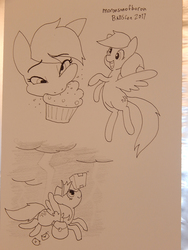 Size: 675x900 | Tagged: safe, artist:moronsonofboron, derpy hooves, pegasus, pony, g4, female, flying, food, happy, letter, lightning, mailbag, muffin, smiling, solo, traditional art