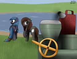 Size: 1280x977 | Tagged: safe, artist:the-furry-railfan, oc, oc only, oc:night strike, oc:pressure cooker, earth pony, pegasus, pony, air pump, clothes, jacket, lake, malfunction, oil can, outdoors, sequence, story included, worried