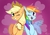 Size: 1754x1240 | Tagged: safe, artist:miaoxing, applejack, rainbow dash, earth pony, pegasus, pony, g4, applejack's hat, back to back, cowboy hat, eye clipping through hair, female, freckles, hat, lesbian, looking at you, mare, one eye closed, open mouth, ship:appledash, shipping, smiling, wink