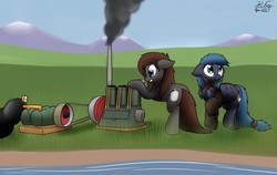 Size: 1280x809 | Tagged: safe, artist:the-furry-railfan, oc, oc only, oc:night strike, oc:pressure cooker, earth pony, pegasus, pony, air pump, clothes, engine, hose bulges, jacket, lake, looking up, malfunction, mountain, outdoors, panic, sequence, smoke, story included