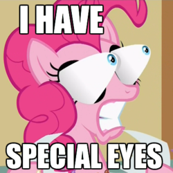 Size: 400x400 | Tagged: safe, screencap, pinkie pie, earth pony, pony, a flurry of emotions, g4, eye bulging, female, frown, gritted teeth, image macro, mare, meme, my brand, solo, special eyes, teeth, wat, wide eyes