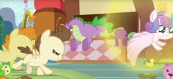 Size: 1914x880 | Tagged: safe, screencap, pound cake, princess flurry heart, pumpkin cake, spike, alicorn, dragon, pegasus, pony, a flurry of emotions, g4, alicornified, animation error, baby, baby pony, colt, discovery family logo, female, filly, male, pumpkincorn, race swap, spot the alicorn