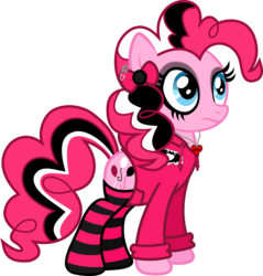 Size: 966x1011 | Tagged: safe, artist:lightningbolt, derpibooru exclusive, pinkie pie, earth pony, pony, g4, .svg available, bow, clandestine industries, clothes, dyed mane, dyed tail, emo, eyeliner, eyeshadow, female, frown, goth, hoodie, jewelry, makeup, mare, necklace, panic! at the disco, patch, pinkie pie's boutique, safety pin, scene kid, show accurate, simple background, socks, solo, standing, striped socks, svg, transparent background, vector
