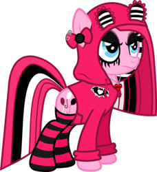 Size: 854x937 | Tagged: safe, artist:lightningbolt, derpibooru exclusive, pinkie pie, earth pony, pony, g4, .svg available, angry, bow, clandestine industries, clothes, dyed mane, dyed tail, emo, eyeliner, eyeshadow, female, frown, goth, hoodie, jewelry, makeup, mare, necklace, panic! at the disco, patch, pinkamena diane pie, pinkie pie's boutique, running makeup, safety pin, scene kid, show accurate, simple background, socks, solo, standing, striped socks, svg, transparent background, vector