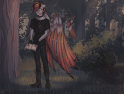 Size: 2560x1960 | Tagged: safe, artist:orfartina, oc, oc only, deer, pegasus, anthro, plantigrade anthro, anthro oc, book, bush, clothes, forest, male, pants, scenery, shirt, stallion, tree