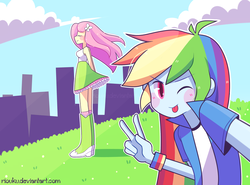 Size: 800x592 | Tagged: safe, artist:riouku, fluttershy, rainbow dash, equestria girls, g4, boots, city, clothes, cute, dashabetes, eyes closed, moe, one eye closed, peace sign, selfie, skirt, smiling, socks, tank top, tongue out, wink, wristband