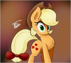 Size: 1280x1138 | Tagged: safe, artist:tg1117, applejack, earth pony, pony, g4, alternate hairstyle, bow, chest fluff, cute, female, jackabetes, looking at you, solo, tail bow