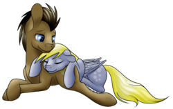 Size: 1024x647 | Tagged: safe, artist:marsh-mal-oh, derpy hooves, doctor whooves, time turner, earth pony, pegasus, pony, g4, couple, cuddling, eyes closed, female, floppy ears, love, male, mare, prone, ship:doctorderpy, shipping, simple background, smiling, stallion, straight, transparent background