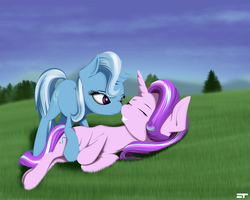 Size: 6000x4800 | Tagged: safe, artist:styroponyworks, starlight glimmer, trixie, pony, unicorn, g4, absurd resolution, croup, dock, eyes closed, female, lesbian, lying down, mare, meadow, nuzzling, ship:startrix, shipping, smiling
