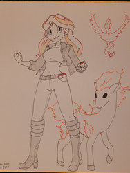 Size: 675x900 | Tagged: safe, artist:moronsonofboron, sunset shimmer, ponyta, equestria girls, g4, belly button, crossover, fiery shimmer, midriff, poké ball, pokémon, simple background, team valor, traditional art