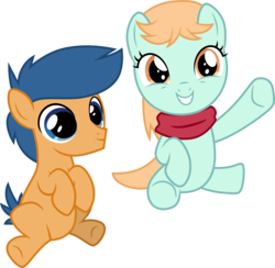 Size: 3071x3001 | Tagged: safe, artist:cloudy glow, first base, peach fuzz, pony, a flurry of emotions, g4, adorable face, clothes, colt, cute, duo, female, filly, grin, high res, male, raised hoof, scarf, simple background, sitting, smiling, transparent background, vector