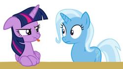 Size: 532x300 | Tagged: safe, trixie, twilight sparkle, alicorn, pony, g4, simple background, tongue out, twilight sparkle (alicorn), white background