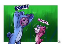 Size: 5016x3541 | Tagged: safe, artist:dinodraketakethecake, princess flurry heart, twilight sparkle, alicorn, pony, a flurry of emotions, g4, absurd resolution, animal costume, bear suit, bipedal, clothes, costume, duo, growling, pretending to be a bear, twilight is bae, twilight sparkle (alicorn)