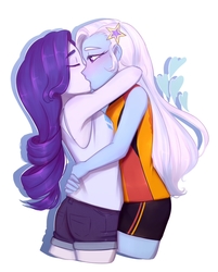 Size: 804x1000 | Tagged: safe, artist:catgomez, rarity, trixie, human, equestria girls, g4, clothes, daisy dukes, duo, embrace, female, heart, hug, kiss on the lips, kissing, lesbian, rarixie, shipping, shorts, simple background, sports shorts, tank top, white background
