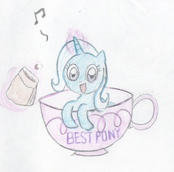 Size: 1328x1312 | Tagged: safe, artist:foxy1219, trixie, pony, unicorn, all bottled up, g4, best pony, cinnamon nuts, cup, female, food, levitation, magic, mare, music notes, solo, teacup, telekinesis, that pony sure does love teacups, traditional art