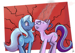 Size: 5016x3541 | Tagged: safe, artist:dinodraketakethecake, starlight glimmer, trixie, pony, unicorn, all bottled up, g4, absurd resolution, cross-popping veins, cup, dock, duo, female, frown, gritted teeth, mare, meme, post-transformation, snickering, sweat, teacup, that pony sure does love teacups, transformation, triggered, wat, wavy mouth, what has magic done