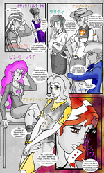 Size: 2478x4131 | Tagged: safe, artist:brother-lionheart, applejack, fluttershy, pinkie pie, rainbow dash, rarity, sci-twi, sunset shimmer, twilight sparkle, comic:twisted sunset, equestria girls, g4, butt, comic, english, eyes closed, high res, humane five, humane seven, humane six, japanese, jojo's bizarre adventure, plot