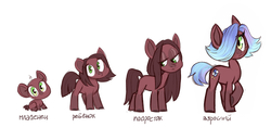 Size: 1280x662 | Tagged: safe, artist:kapusha-blr, oc, oc only, oc:beatrice, earth pony, pony, age progression, female, filly, foal, hair over one eye, looking at you, looking away, raised hoof, russian, simple background, smiling, solo, text, translated in the comments, white background