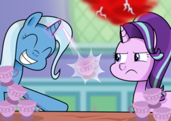 Size: 2500x1768 | Tagged: safe, artist:sketchzi, starlight glimmer, trixie, pony, unicorn, all bottled up, g4, cup, cute, diatrixes, eyes closed, female, happy, kitchen, mare, scene interpretation, teacup, that pony sure does love teacups, twilight's castle
