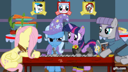 Size: 640x360 | Tagged: safe, artist:adamanimationz, artist:harmony studios, fluttershy, maud pie, trixie, twilight sparkle, oc, oc:lucky duck, oc:victor vortex, alicorn, pony, g4, animated, animated at source, dummies and dragons, dungeons and dragons, gif, nom, twilight sparkle (alicorn), youtube link