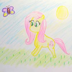 Size: 1278x1280 | Tagged: safe, artist:sumi-mlp25, fluttershy, butterfly, pegasus, pony, g4, female, solo, traditional art, wingless