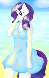 Size: 1500x2400 | Tagged: safe, artist:kona0chan, rarity, unicorn, anthro, g4, breasts, cleavage, clothes, cloud, dress, female, mare, solo, summer dress, sundress