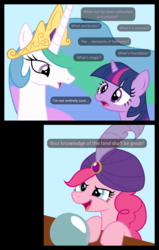 Size: 698x1097 | Tagged: safe, pinkie pie, princess celestia, twilight sparkle, alicorn, pony, g4, betrayal, crystal ball, feather, female, fortune teller, lord british, mare, turban, ultima, ultima ix, what's a paladin?