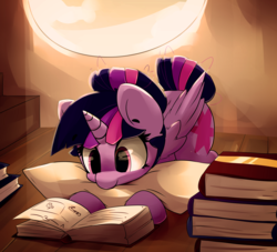 Size: 5000x4539 | Tagged: safe, artist:luxaestas, twilight sparkle, alicorn, pony, g4, absurd resolution, book, bookhorse, cute, female, golden oaks library, hair bun, mare, pillow, prone, reading, smiling, solo, tail bun, that pony sure does love books, twiabetes, twilight sparkle (alicorn)