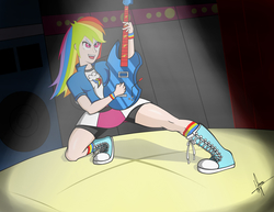 Size: 3300x2550 | Tagged: safe, artist:kifshestand44, rainbow dash, equestria girls, g4, my little pony equestria girls: rainbow rocks, awesome as i want to be, boots, bracelet, clothes, converse, electric guitar, female, guitar, high res, human coloration, jewelry, musical instrument, scene interpretation, shoes, socks, solo, wristband