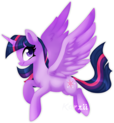 Size: 600x650 | Tagged: safe, artist:karzii, twilight sparkle, alicorn, pony, g4, female, flying, mare, signature, simple background, smiling, solo, spread wings, transparent background, twilight sparkle (alicorn), wings